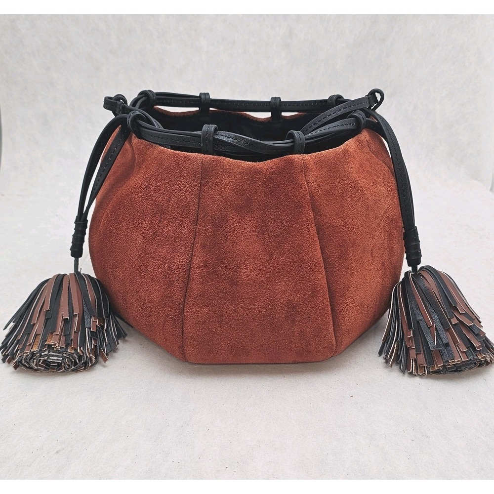 Ulla Johnson Brea Bucket Bag Suede Burnt Orange Rust Drawstring Tassel Purse
